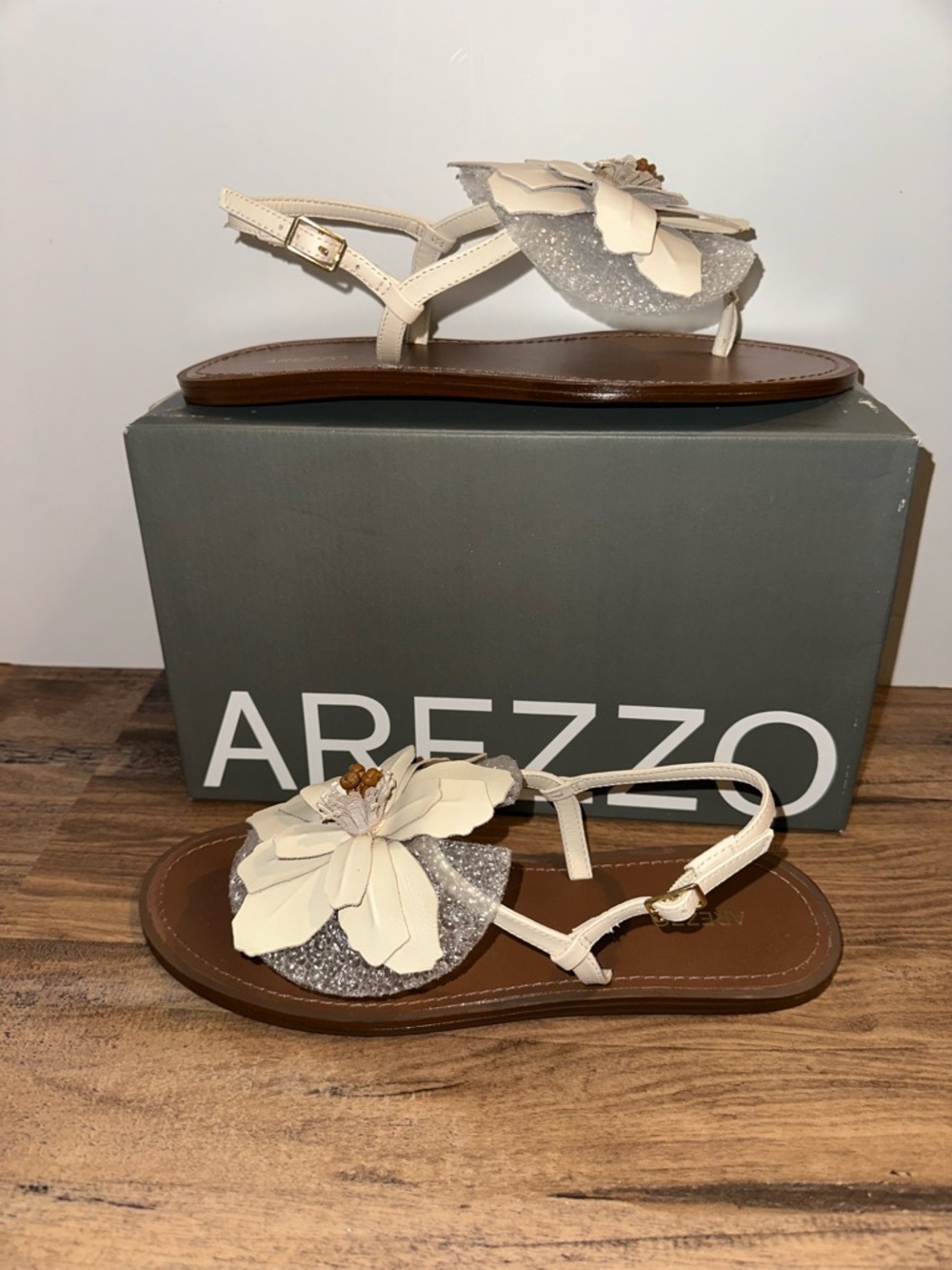 Arezzo Cream Floral T-Strap Sandals - Women's Flat Sandals